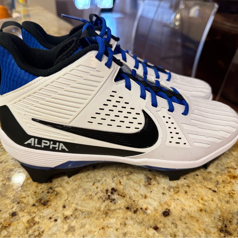 Nike Alpha White and Black Cleats with Blue Accents